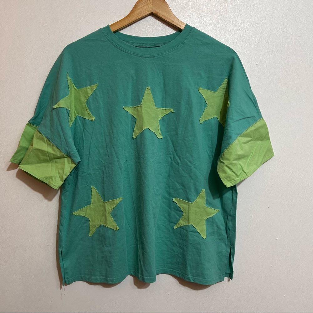 Smoke Green Frayed Denim Star Patched Oversize T Shirt